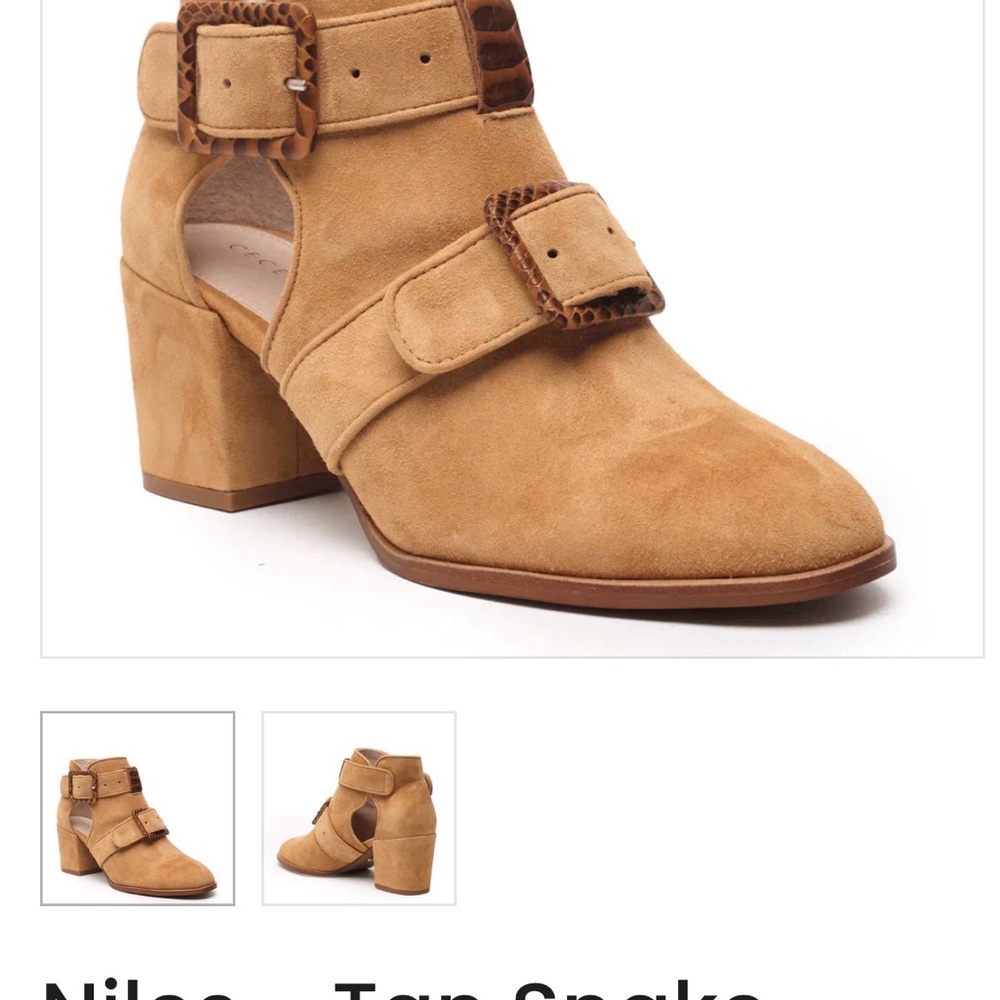 Cecilia Niles Tan Heeled Boots with Snake Print Buckles